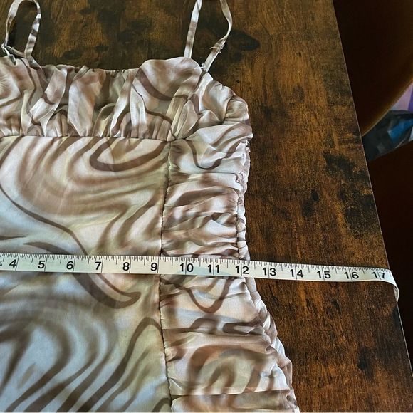 Brown Swirl Print Ruched Mini Dress - Picture 9 of 15